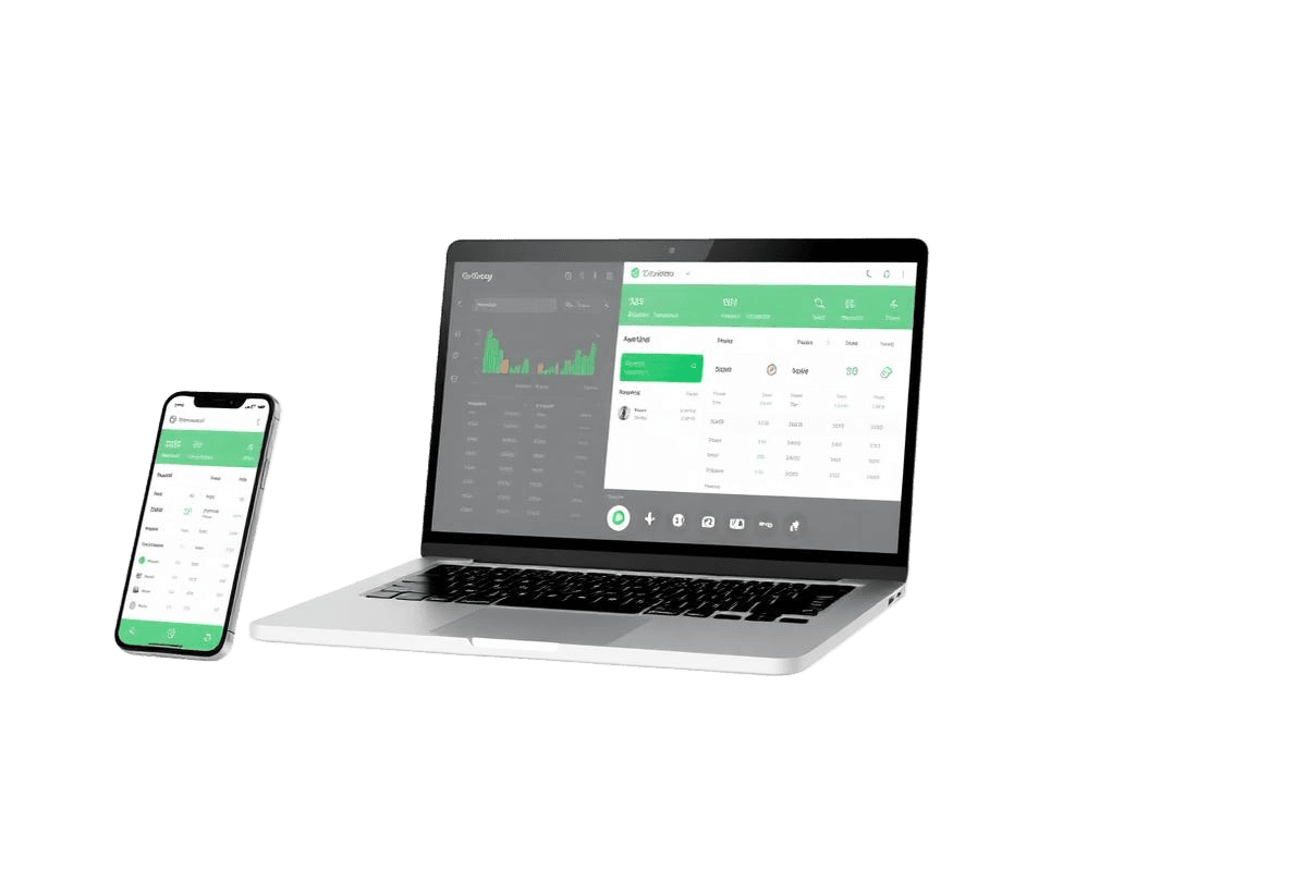Dashboard merchant di laptop dan smartphone