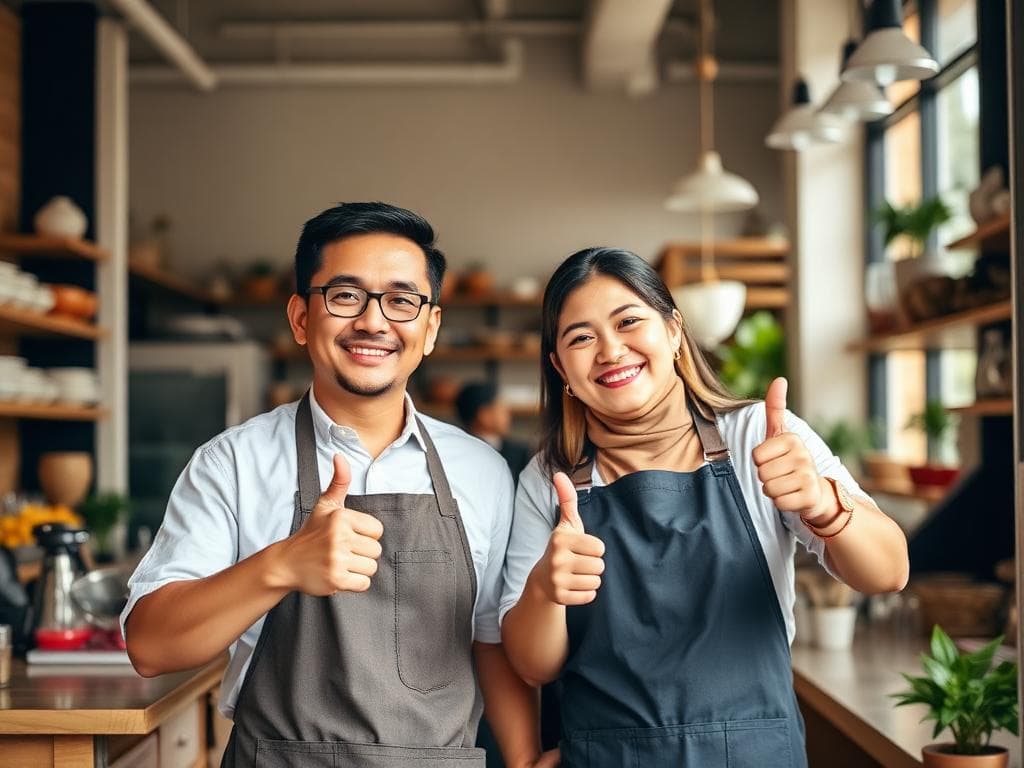 Pemilik usaha tersenyum di dalam tokonya