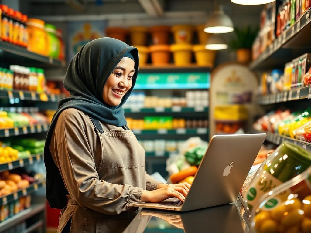 Pemilik toko mengelola penjualan dengan laptop